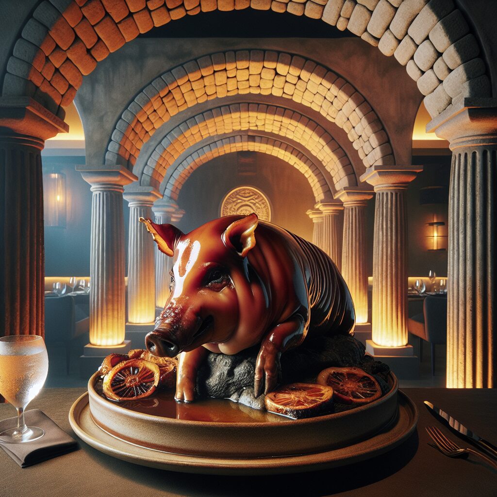 Un cochinillo asado, servido en un elegante plato de cerámica, bajo un acueducto estilizado iluminado suavemente, en …