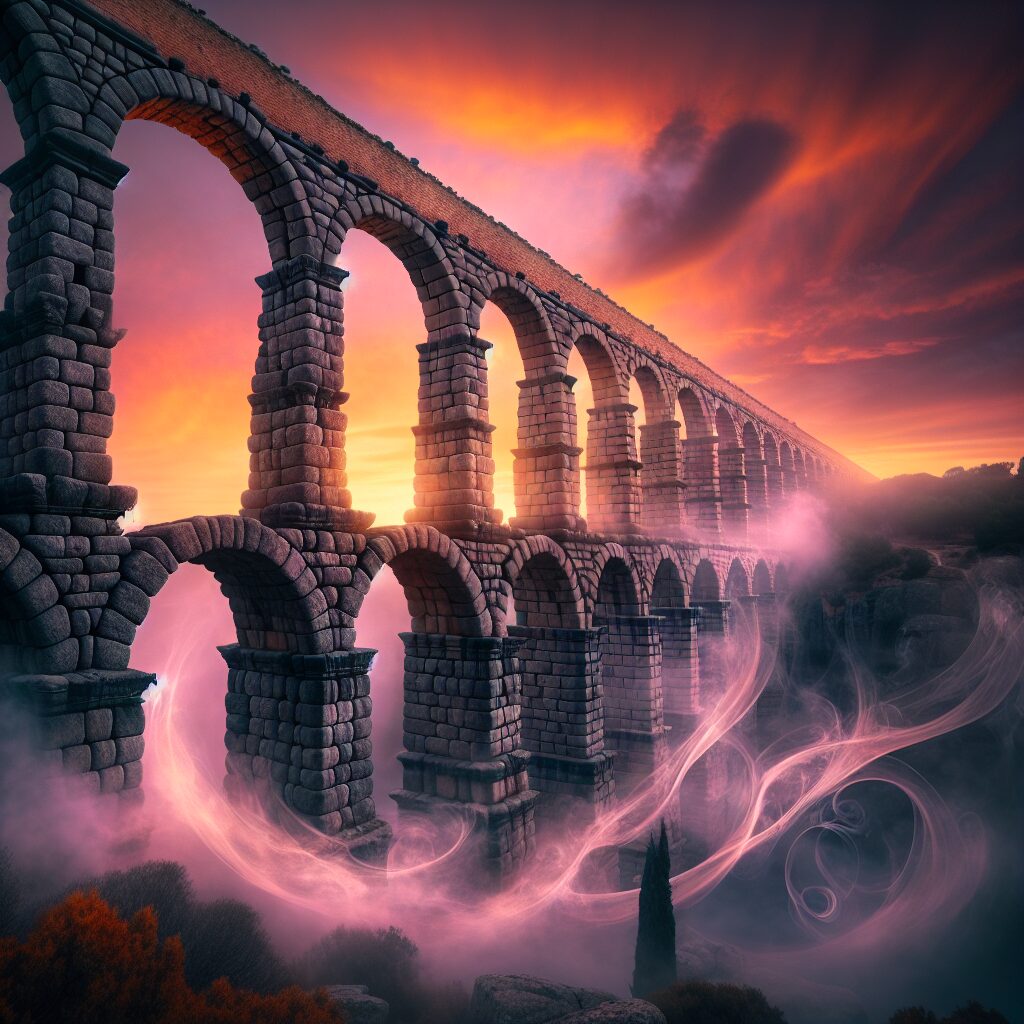 El Acueducto de Segovia al atardecer, con una atmósfera mística, combinando elementos de leyendas locales y una repre…