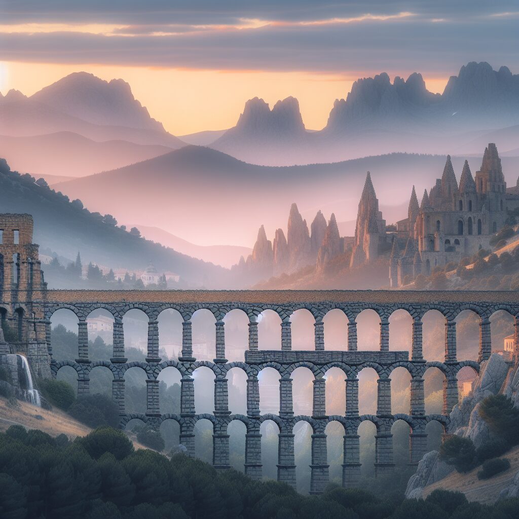 Vista del Acueducto de Segovia al amanecer con luces tenues reflejando una atmósfera mística y cultural, rodeado de i…