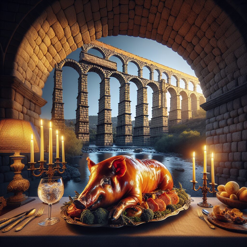 Un cochinillo asado perfectamente dorado, servido en un elegante ambiente castellano bajo la majestuosa presencia del…