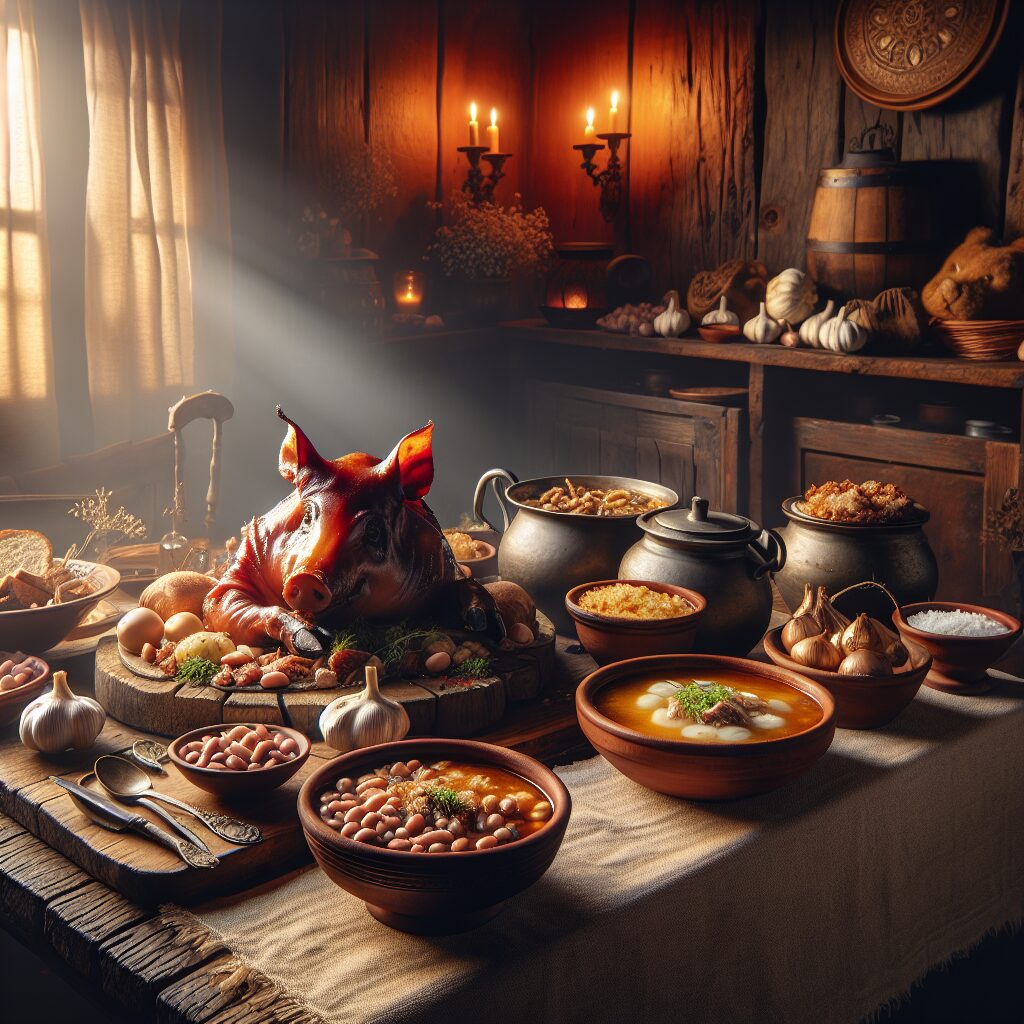 Una mesa rústica de madera en un entorno acogedor con platos tradicionales como cochinillo asado, judiones de La Gran…