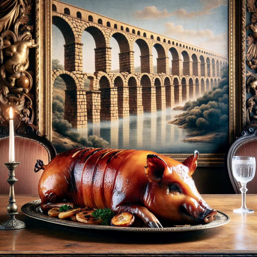 Un cochinillo asado dorado y crujiente, servido sobre una mesa de madera antigua en un entorno elegante y castellano,…