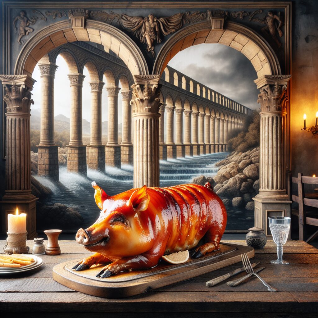 Un cochinillo asado perfectamente dorado servido en una mesa de madera rústica bajo un acueducto estilizado y majestu…