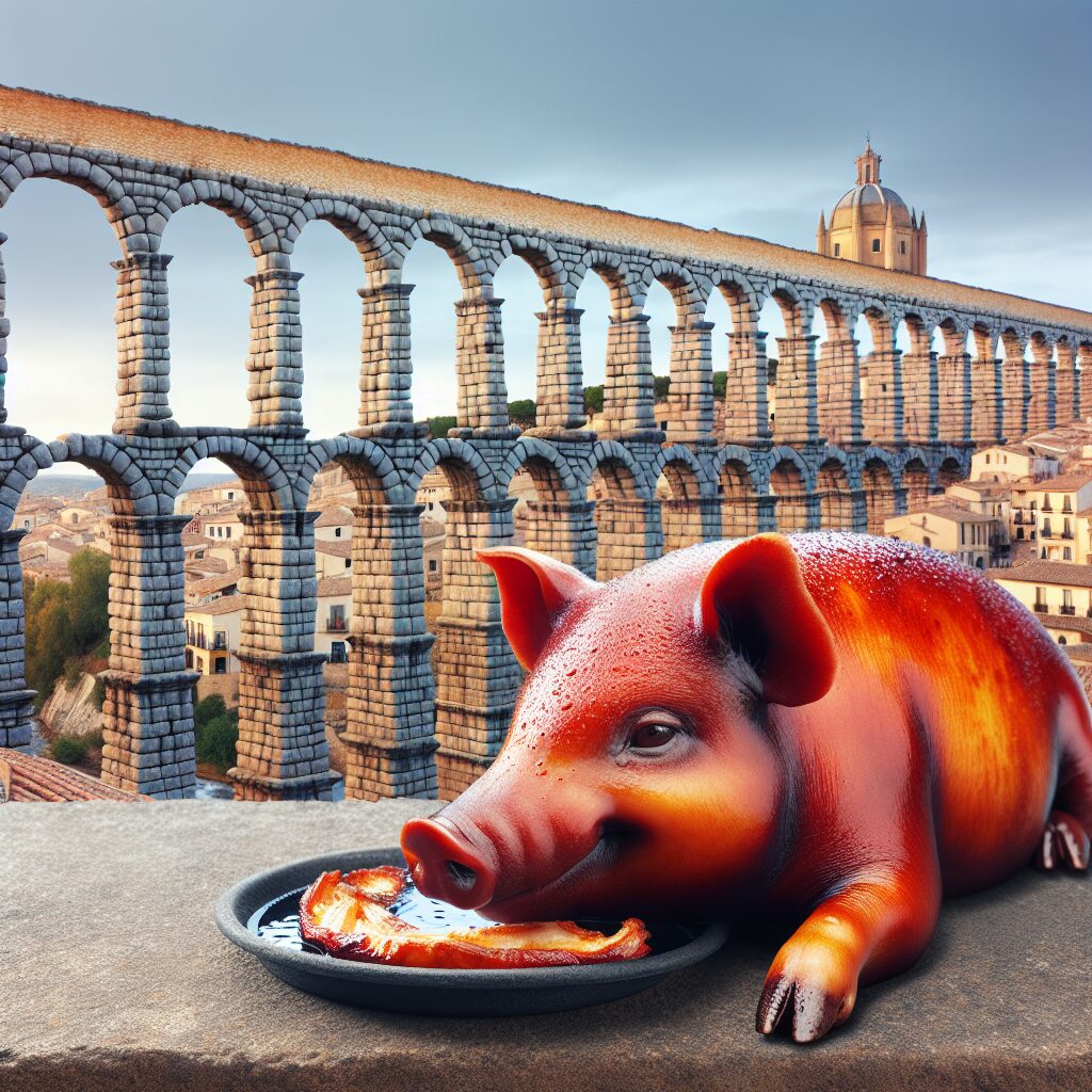 Vista del Acueducto de Segovia con un cochinillo asado estilizado en primer plano, resaltando la atmósfera histórica …