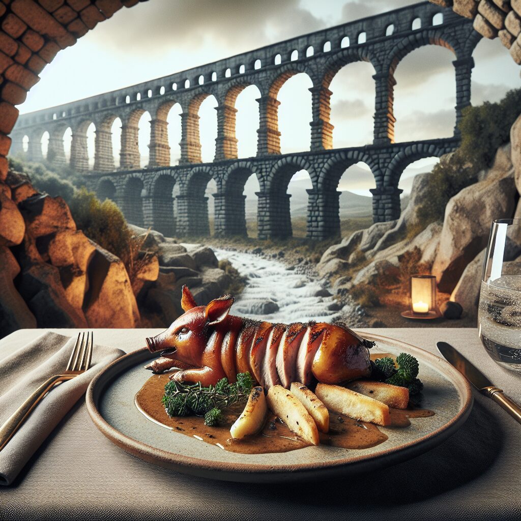 Un plato de cochinillo asado servido con elegancia en un ambiente de piedra bajo un estilizado acueducto, creando un …