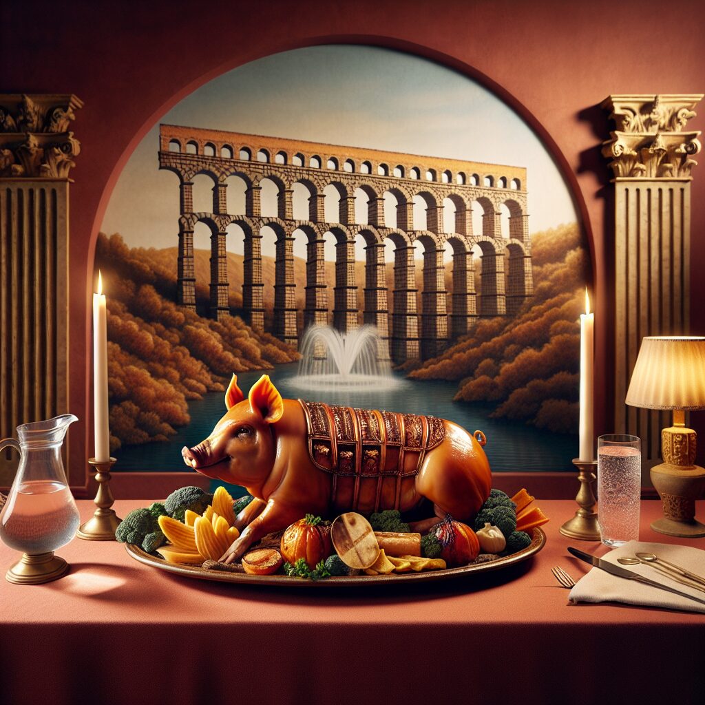 Un cochinillo asado servido en un entorno elegante y tradicional de estilo castellano, con un acueducto estilizado al…