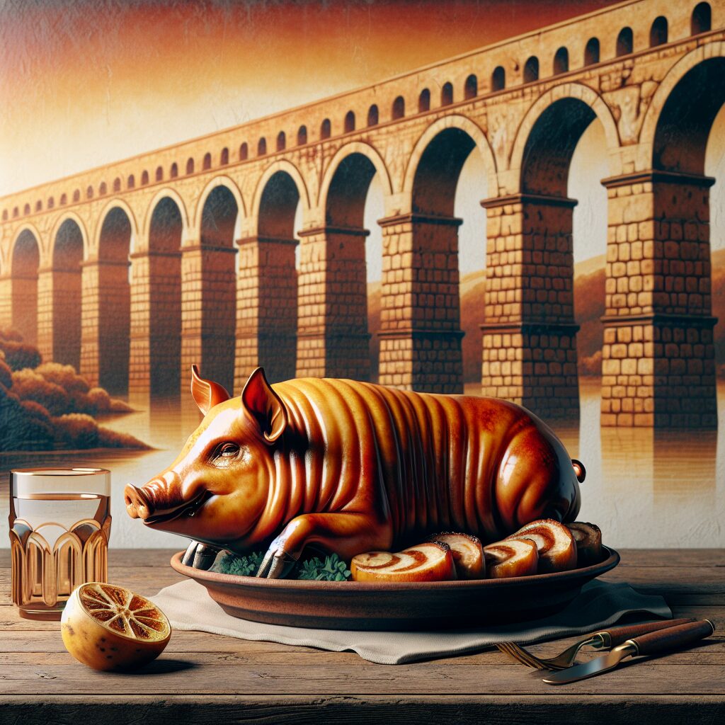 Un cochinillo asado dorado servido en una fuente de cerámica sobre una mesa rústica de madera, con al fondo un acuedu…