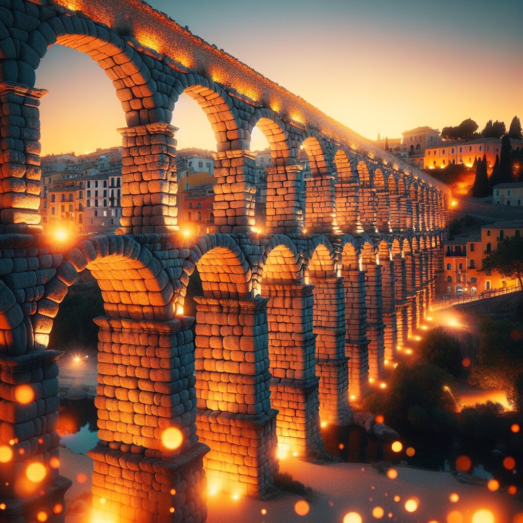 El Acueducto de Segovia al atardecer iluminado por luces cálidas, evocando un ambiente de leyenda, con sutiles destel…