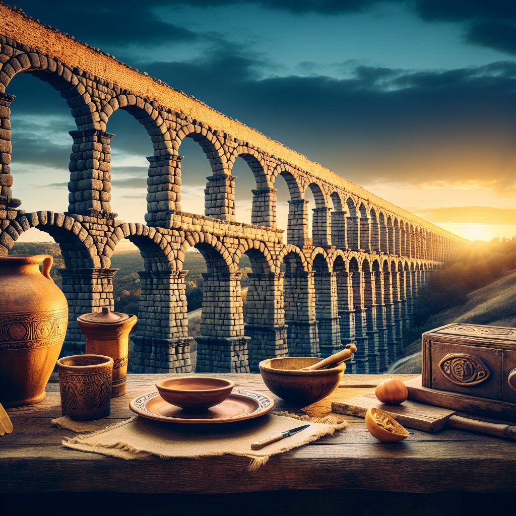 El Acueducto de Segovia al atardecer, con tonos dorados y azules, una mesa de madera rústica en primer plano con vaji…
