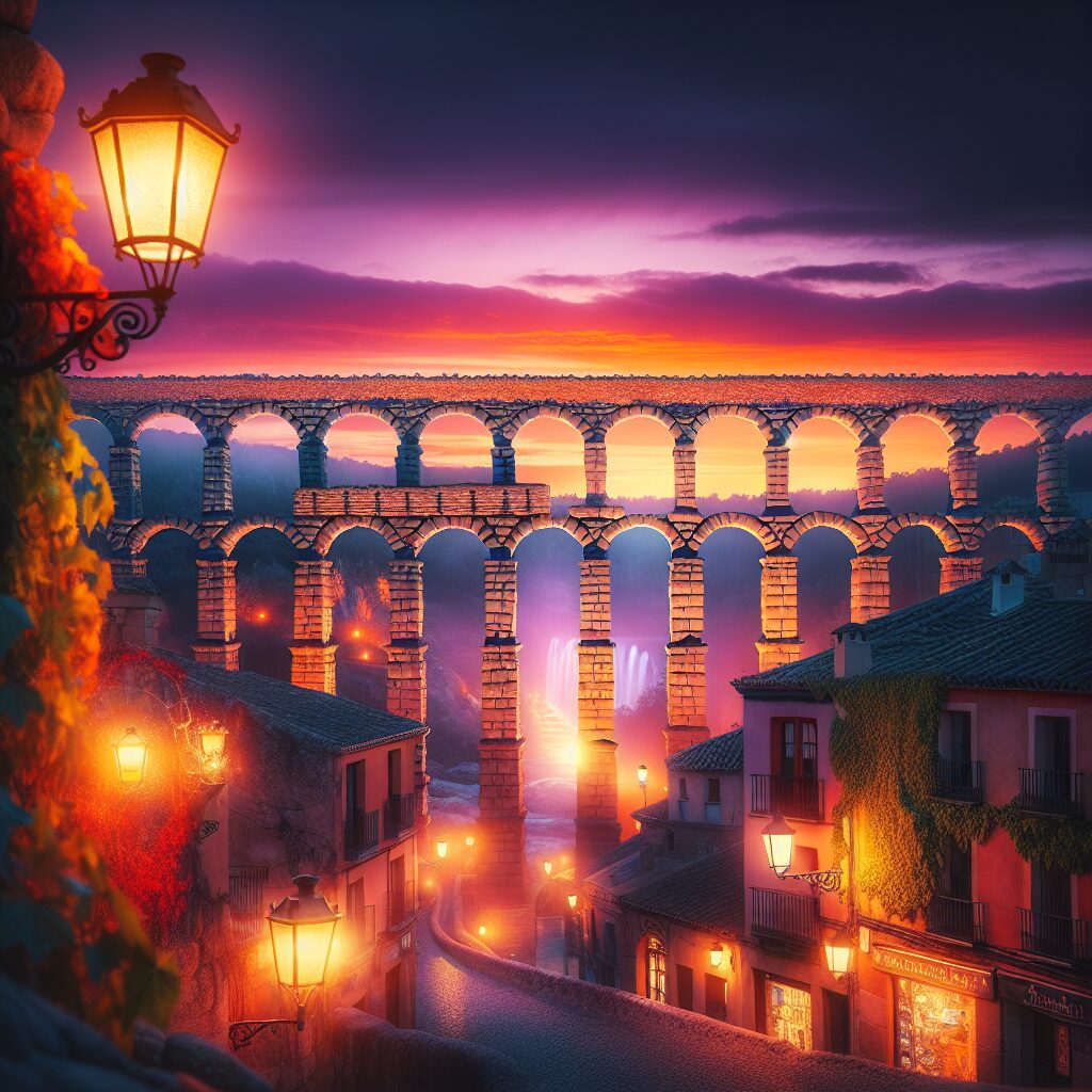 El Acueducto de Segovia al atardecer, en un ambiente místico con luces cálidas destacando su majestuosidad y elemento…