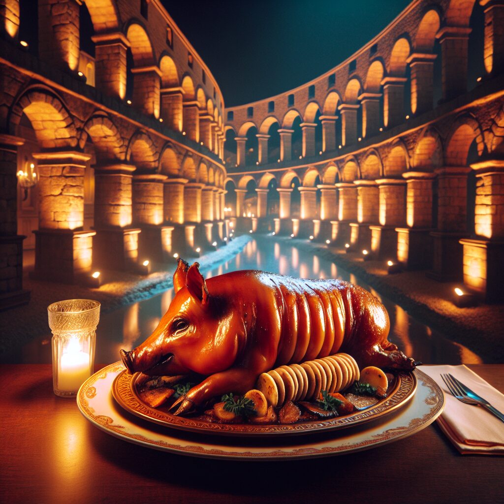 Un cochinillo asado servido en un elegante plato bajo un acueducto estilizado, con luces cálidas y ambiente de restau…