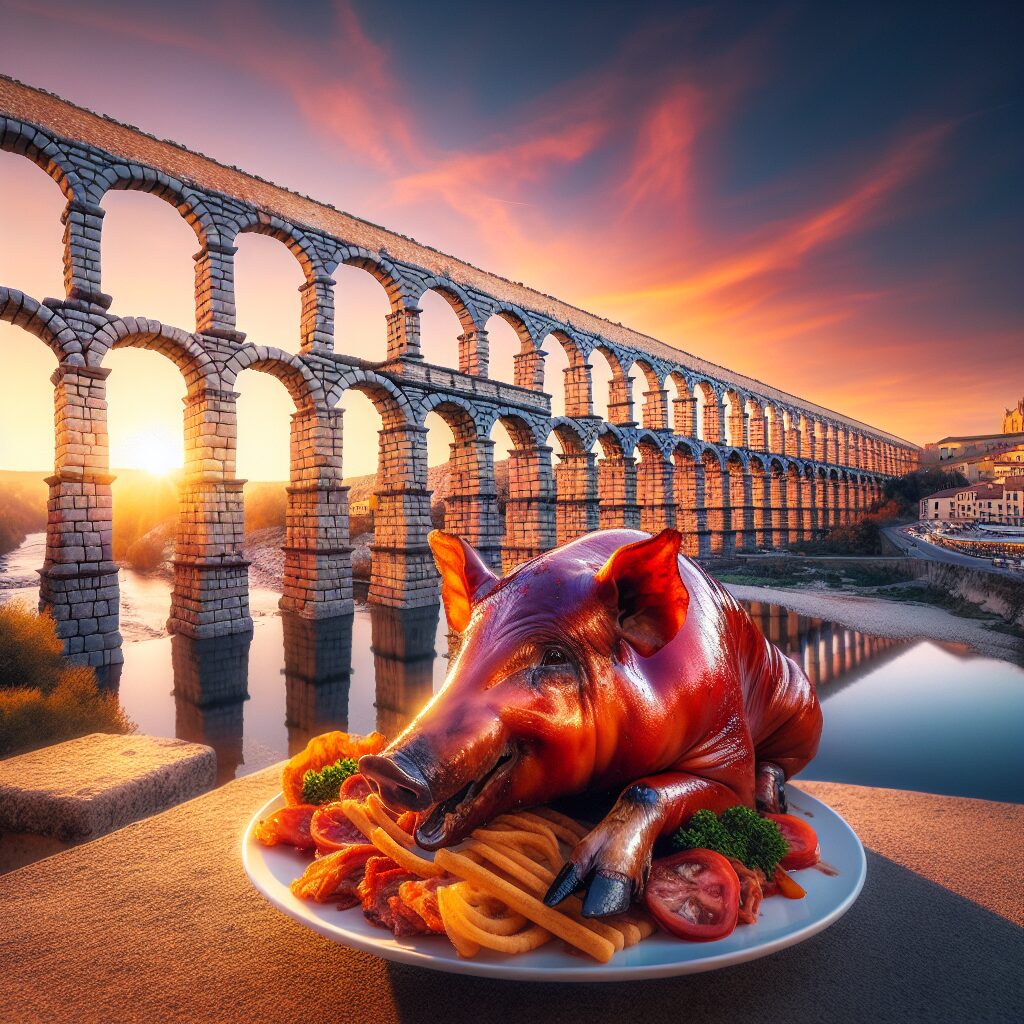 Una vista impresionante del Acueducto de Segovia al atardecer, con un plato de cochinillo asado presentado artísticam…