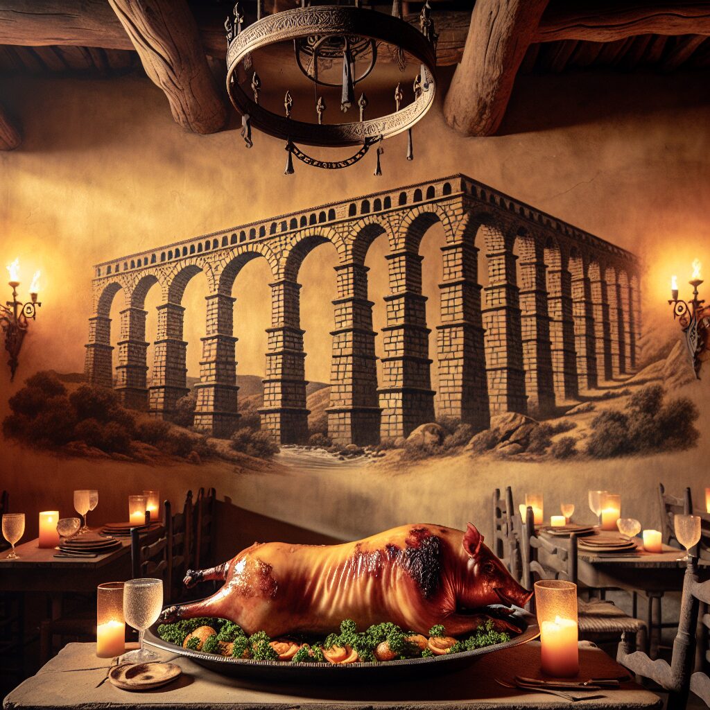 Un cochinillo asado servido elegantemente en un ambiente tradicional castellano, con el Acueducto de Segovia estiliza…