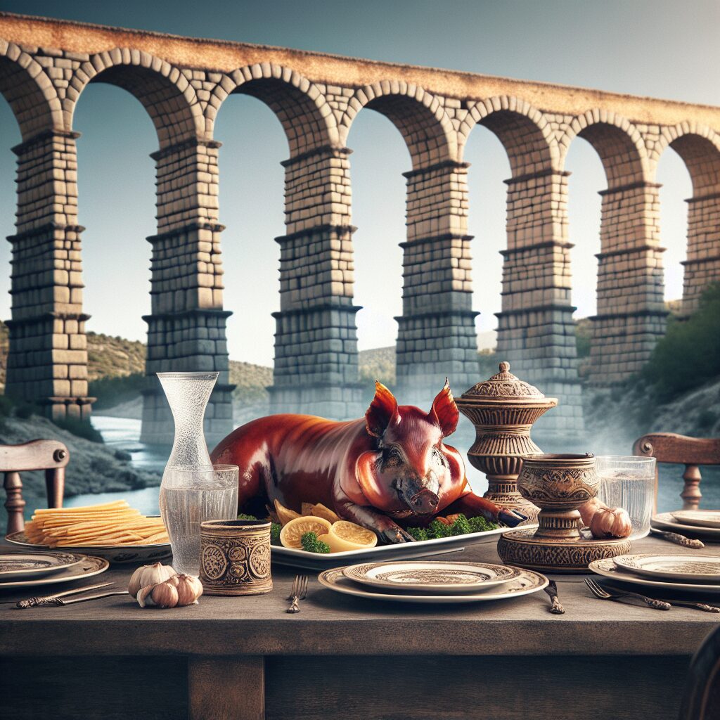 Un cochinillo asado servido en elegantes platos de estilo castellano, dispuesto en una mesa de madera clásica bajo un…