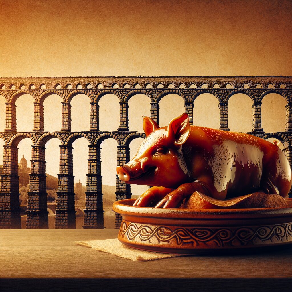 Un cochinillo asado sobre una fuente de cerámica tradicional en una mesa de madera, con la silueta estilizada del Acu…