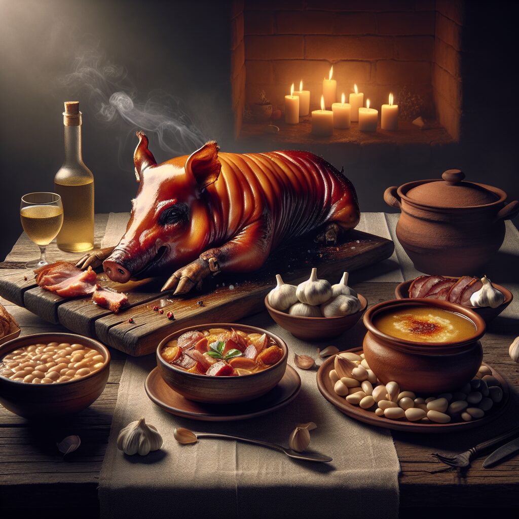 Mesa rústica castellana con platos tradicionales: un cochinillo con piel dorada, un cuenco humeante de judiones y una…