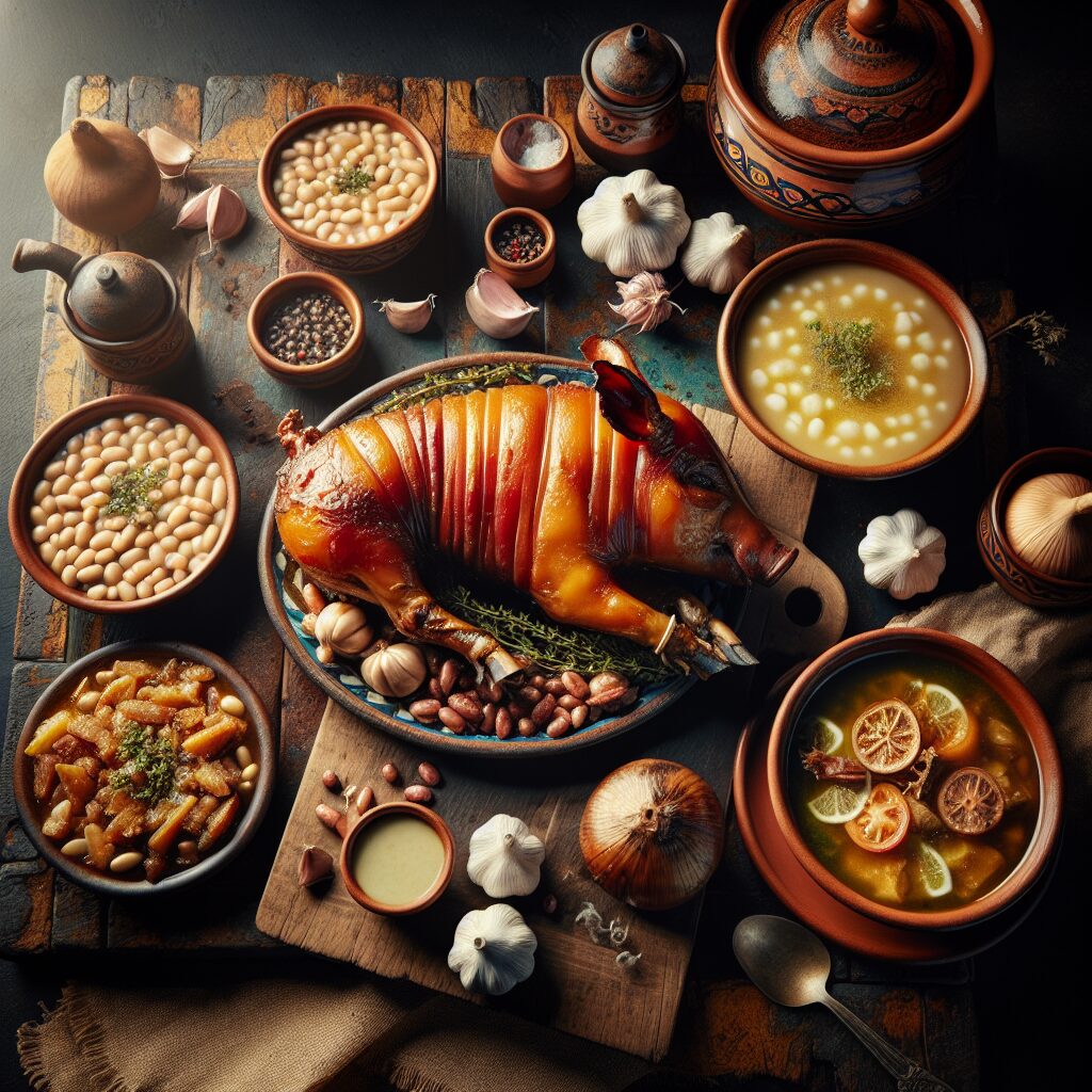 Una mesa rústica castellana con platos cuidadosamente estilizados de cochinillo asado, judiones de La Granja y sopas …