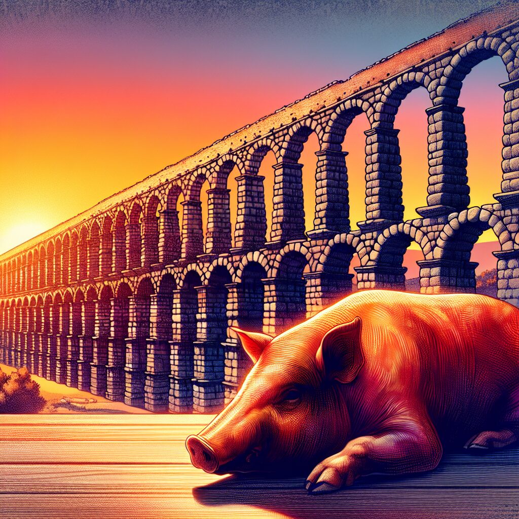 El Acueducto de Segovia al atardecer con un plato estilizado de cochinillo asado en primer plano, estética digital y …
