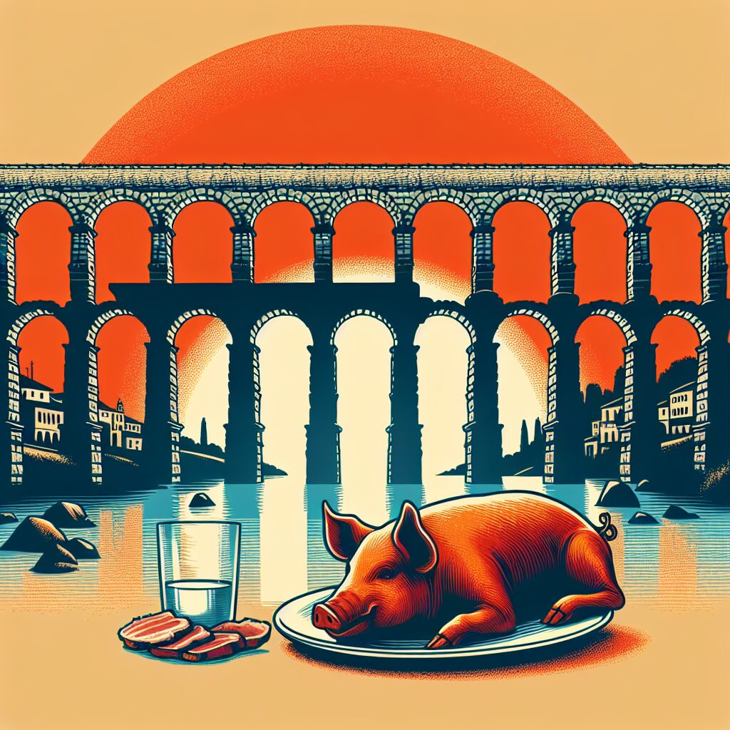 Ilustración digital del Acueducto de Segovia al atardecer, con un plato de cochinillo asado estilizado en primer plan…