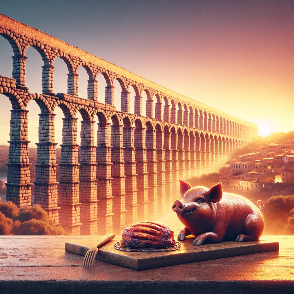 Ilustración digital del Acueducto de Segovia al atardecer con tonos cálidos, primer plano estilizado de un cochinillo…
