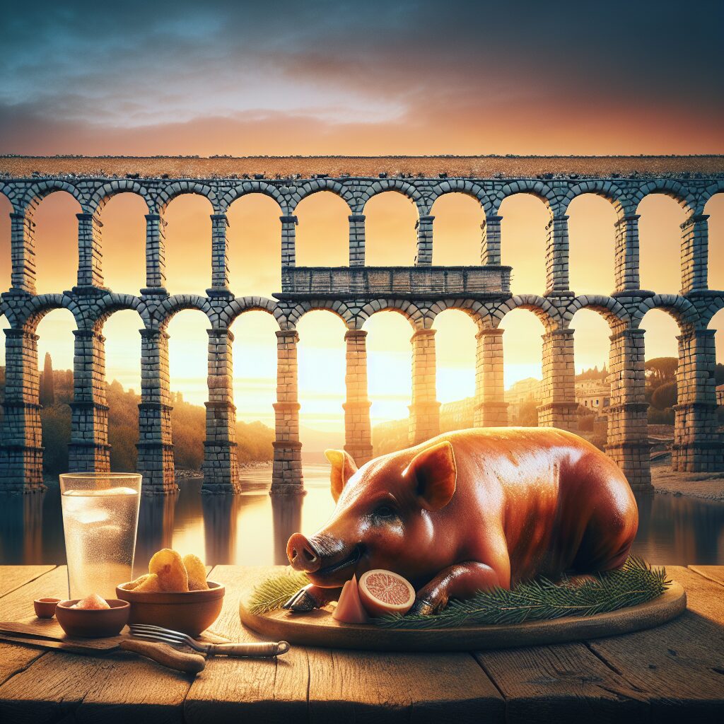 El Acueducto de Segovia iluminado al atardecer con un plato estilizado de cochinillo asado en primer plano sobre una …