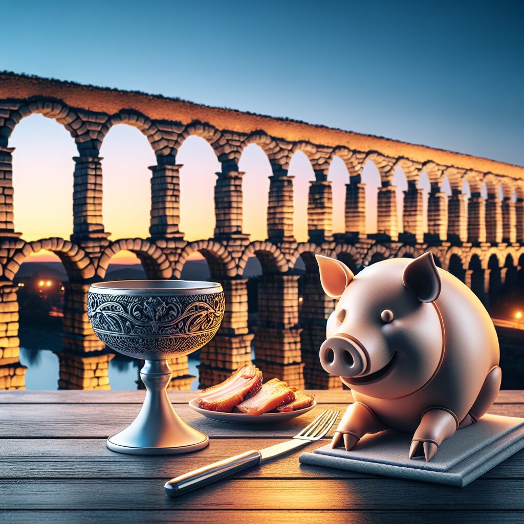 El Acueducto de Segovia iluminado al atardecer junto a una mesa tradicional con un cochinillo asado estilizado como i…