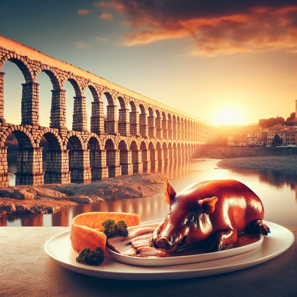 Vista digital estilizada del Acueducto de Segovia al atardecer con un plato de cochinillo asado artístico en primer p…