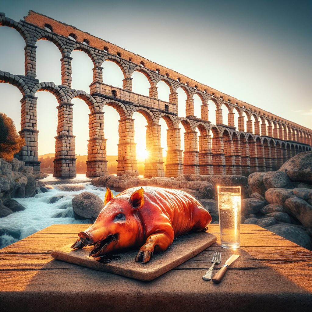 Acueducto de Segovia al atardecer con un cochinillo asado estilizado en primer plano sobre una mesa de piedra