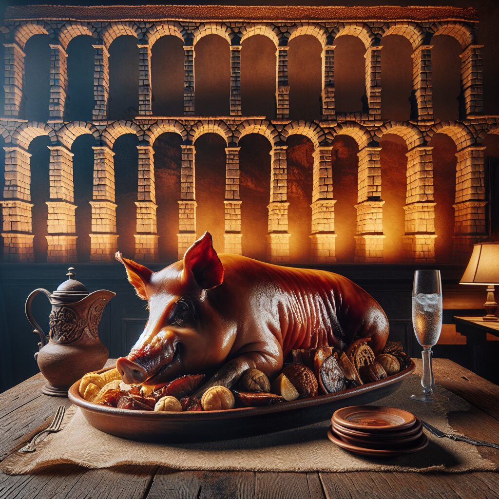 Un cochinillo asado entero servido en una bandeja de cerámica sobre una mesa de madera rústica, con al fondo una silu…