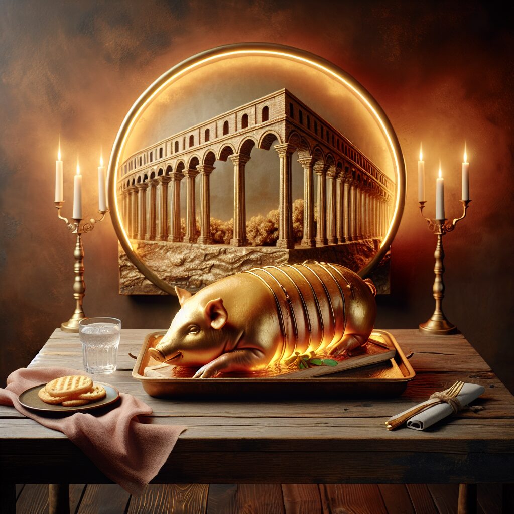 Un cochinillo asado dorado servido en una bandeja sobre una mesa rústica de madera, con un fondo elegante que sugiere…