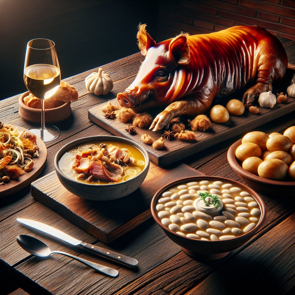 Mesa rústica castellana con platos tradicionales: cochinillo dorado, judiones cremosos y sopa humeante, estilismo mod…