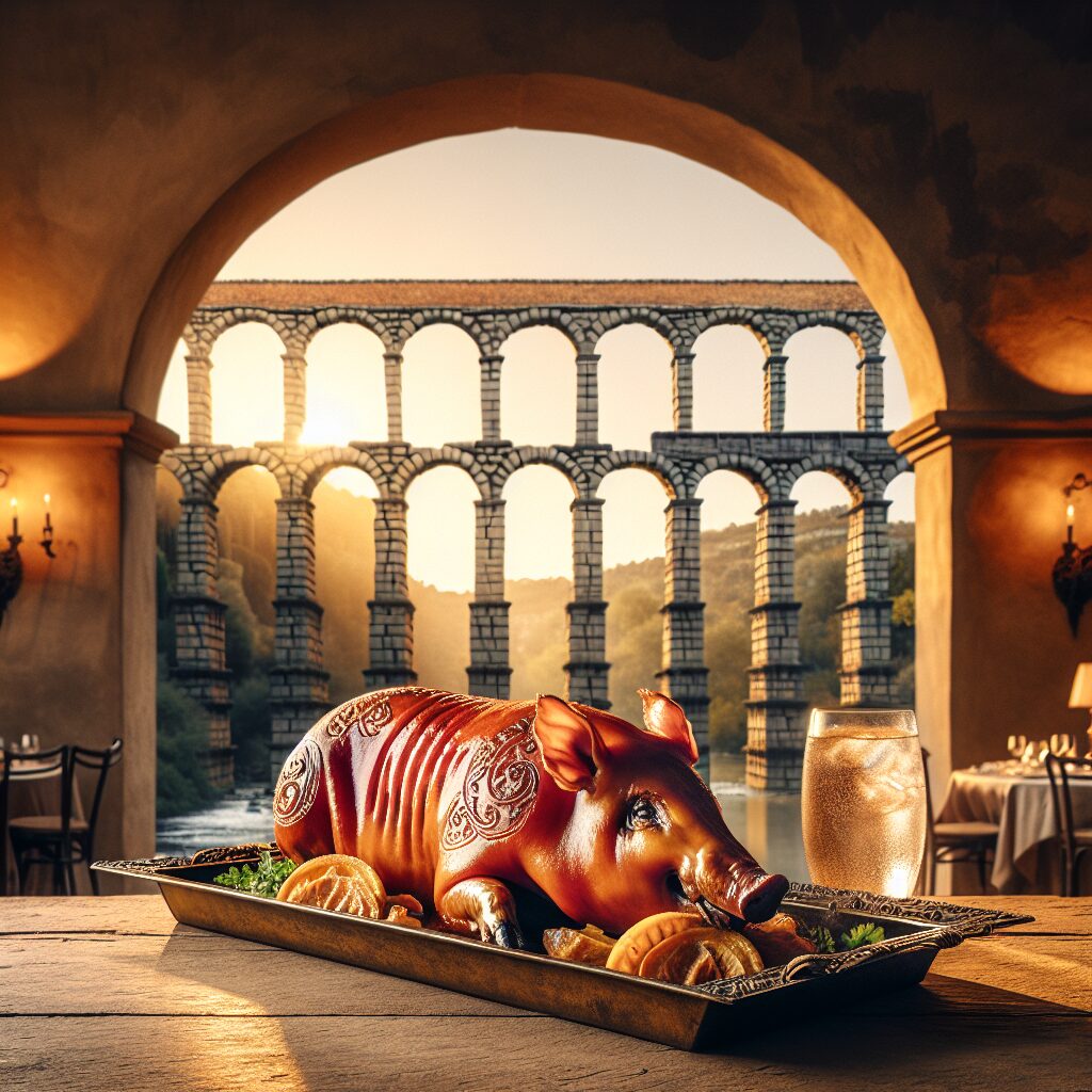 Un cochinillo asado dorado servido en una bandeja clásica sobre una mesa rústica de madera en un patio castellano ele…