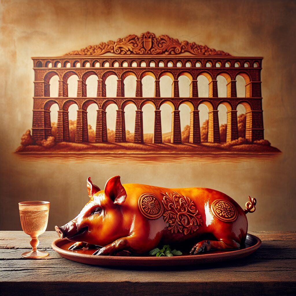 Un cochinillo asado dorado servido en una fuente cerámica sobre una mesa rústica de madera, con al fondo un Acueducto…