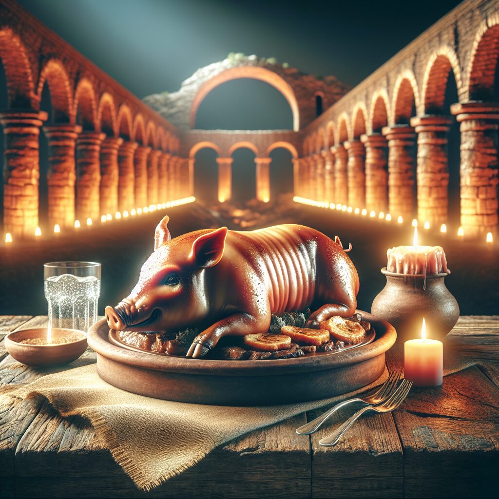 Cochinillo asado servido en una bandeja de barro sobre una mesa de madera rústica, con un acueducto estilizado y luce…