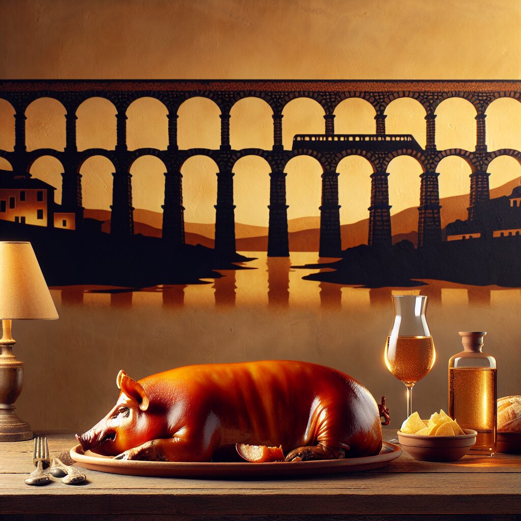 Un cochinillo asado dorado servido sobre una fuente de cerámica en una mesa de madera rústica, con al fondo una silue…