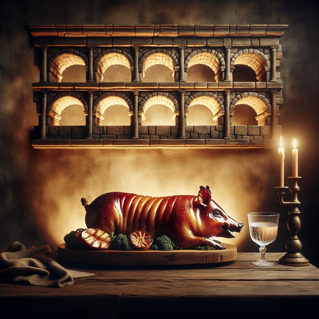 Un cochinillo asado servido en una bandeja de madera sobre una mesa rústica, con un fondo de piedra que evoca un acue…