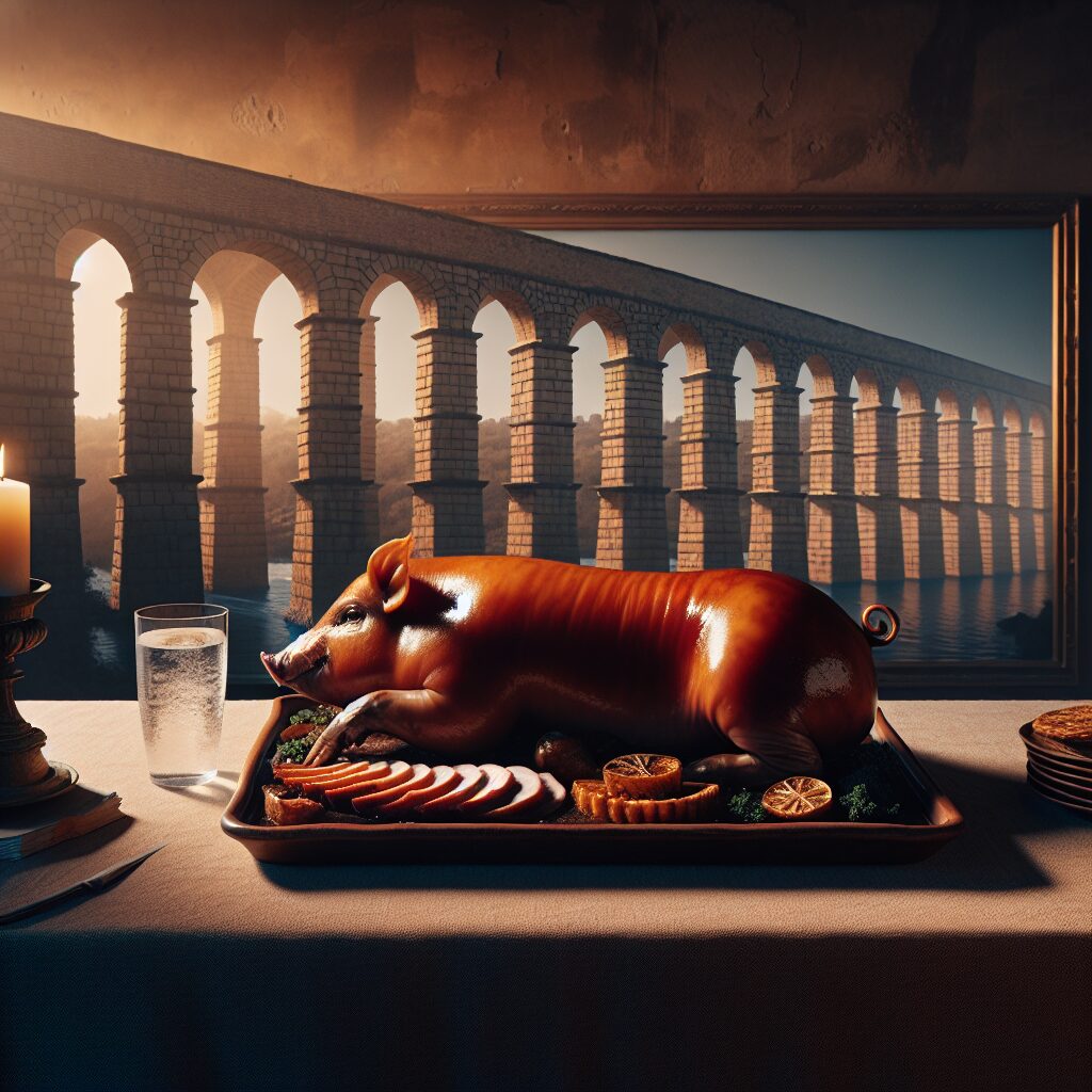 Un cochinillo asado entero servido en una bandeja de cerámica sobre una mesa rústica en un ambiente castellano elegan…