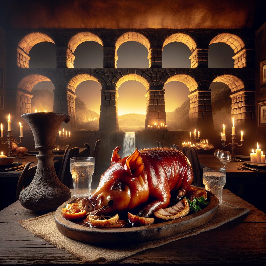 Cochinillo asado servido en una fuente rústica sobre una mesa de madera, iluminado con luz cálida, con un acueducto e…