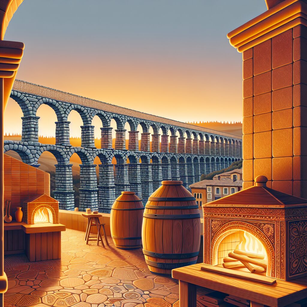 Vista del Acueducto de Segovia al atardecer con luces cálidas, hornos de leña estilizados emitiendo brillos y detalle…