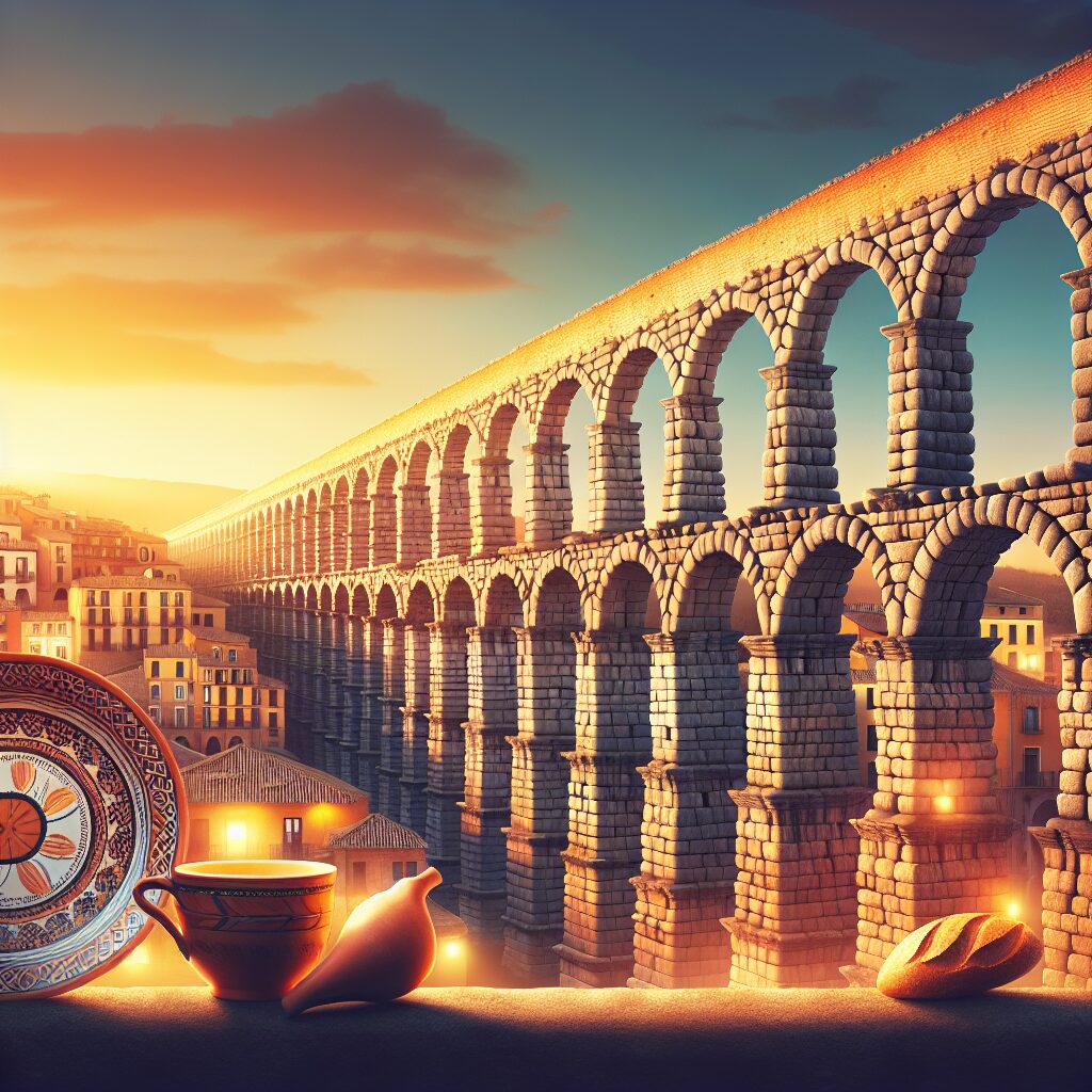 El Acueducto de Segovia al atardecer con tonos dorados, luces suaves que iluminan los arcos y elementos culturales es…