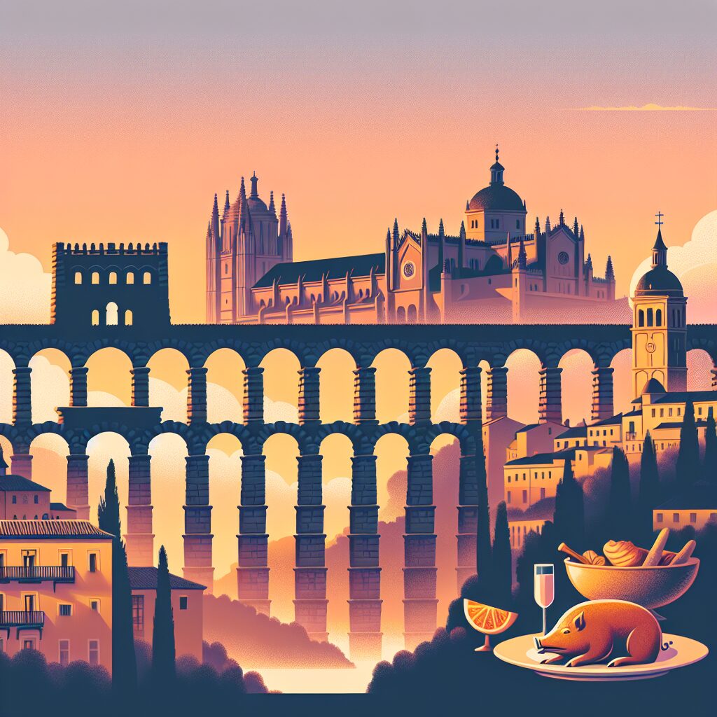 El Acueducto de Segovia al atardecer con luces cálidas, nubes suaves y elementos culturales estilizados como un plato…
