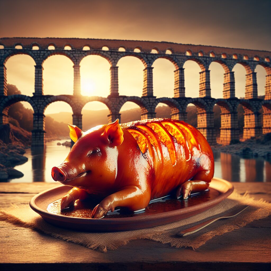Un cochinillo asado dorado servido en una fuente de cerámica sobre una mesa rústica, con una elegante silueta del acu…