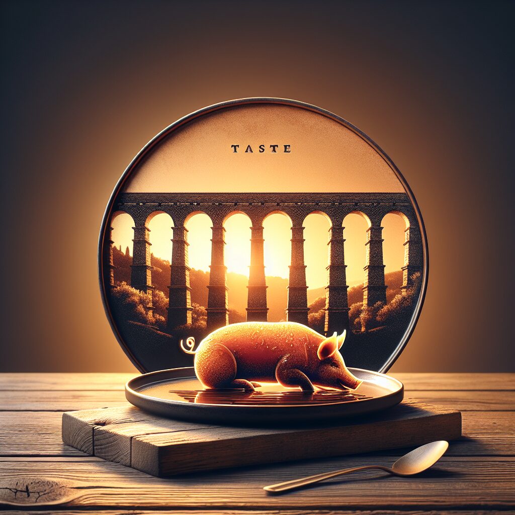 Plato elegante con un cochinillo asado dorado sobre una mesa rústica de madera, atardecer cálido con silueta estiliza…