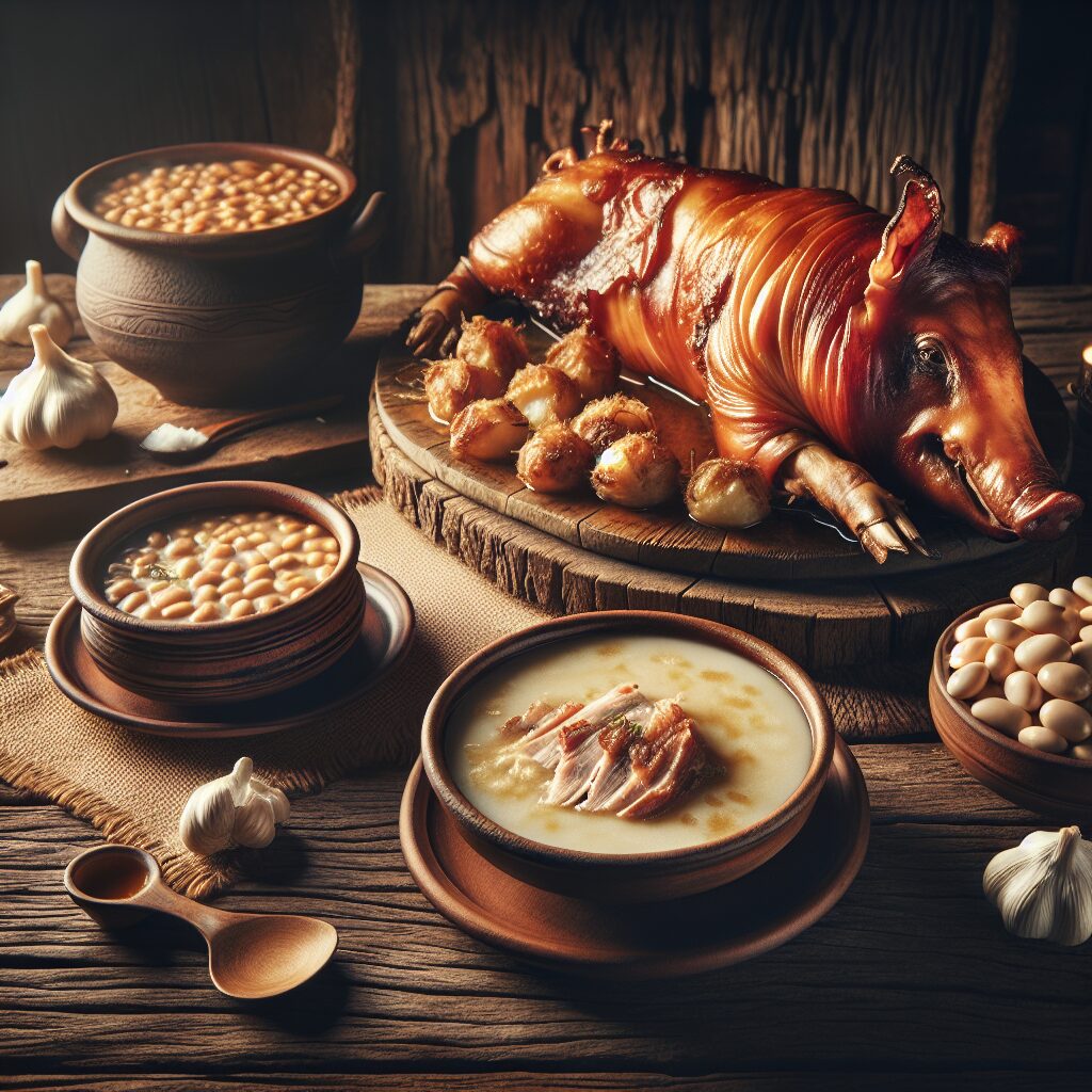Mesa rústica castellana con platos tradicionales: un cochinillo asado con piel crujiente, una cazuela de judiones cre…