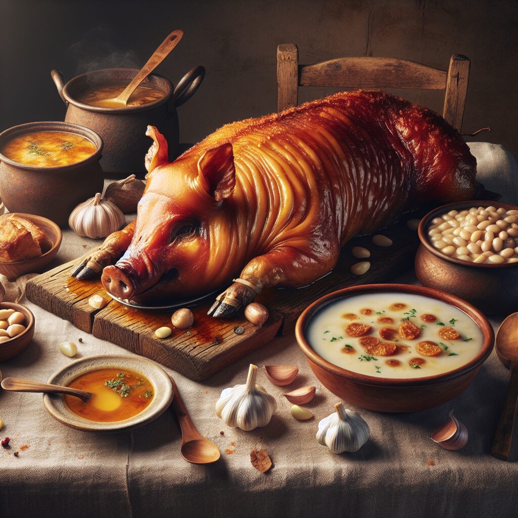Mesa rústica castellana con platos tradicionales: cochinillo asado dorado, cazuela de judiones cremosos y un cuenco d…