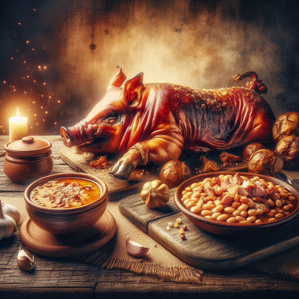 Mesa rústica castellana con platos tradicionales: cochinillo con piel crujiente, fuente de judiones en salsa y cuenco…