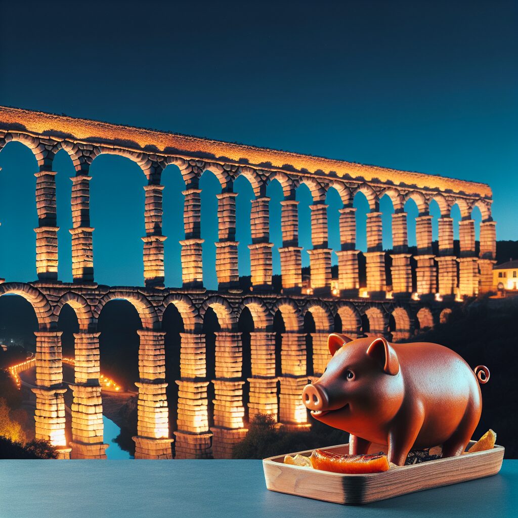 El Acueducto de Segovia iluminado al atardecer con, en primer plano, un cochinillo asado estilizado sobre una bandeja…