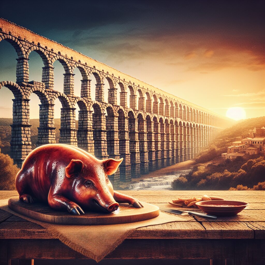 Imagen digital estilizada del Acueducto de Segovia al atardecer, con una mesa rústica en primer plano sobre la que re…