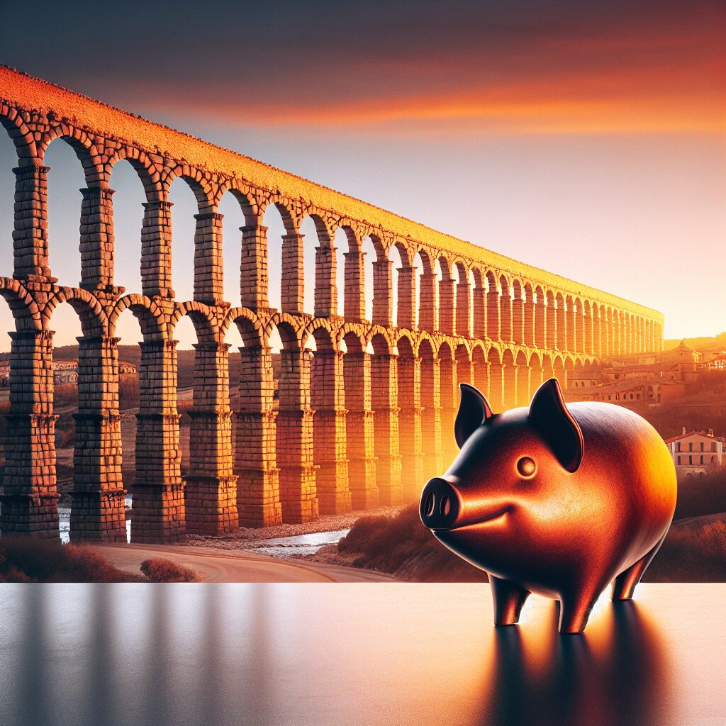 El Acueducto de Segovia al atardecer con tonos cálidos y un estilizado cochinillo asado en primer plano como símbolo …