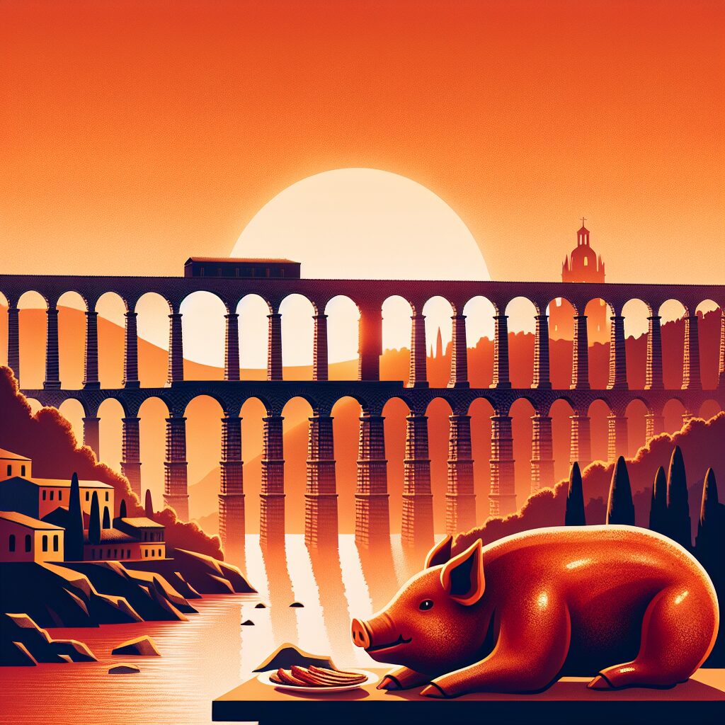 Vista estilizada del Acueducto de Segovia al atardecer con tonos cálidos y, en primer plano, un cochinillo asado repr…